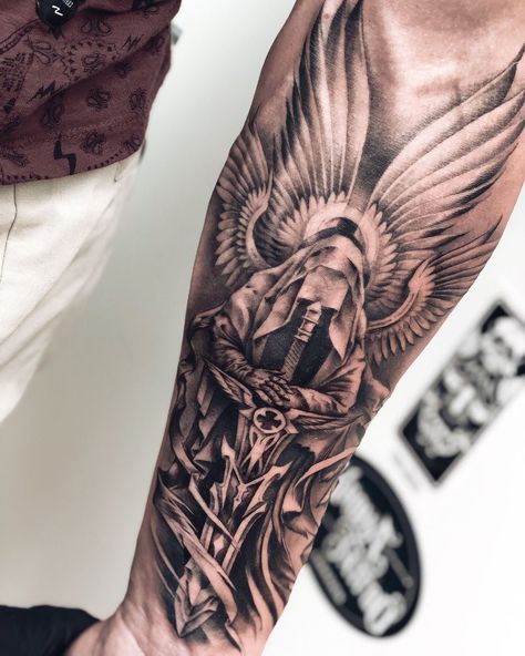 Angle Tatoos Men, Male Warrior Tattoo, Inside Wrist Tattoos Men, Avenging Angel Tattoo, Angel Tattoo Men Leg, Angel Leg Tattoo Men, Soldier Of God Tattoo, Warrior Angel Tattoo Men, Tattoo Wrist Men