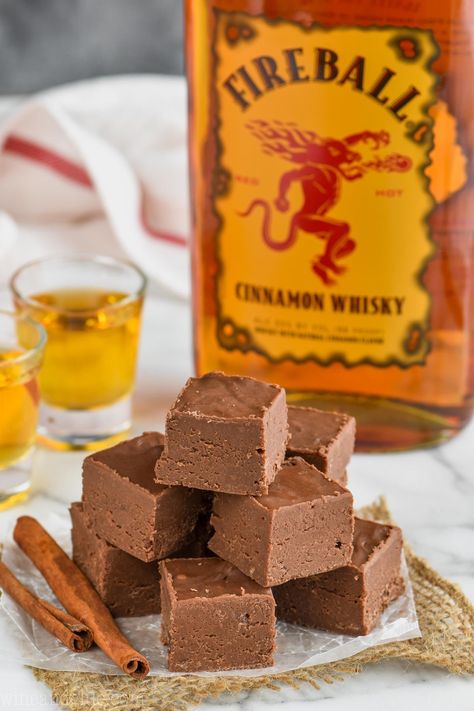 This easy Fireball Fudge Recipe is the perfect recipe to make for the holidays or anytime!  An easy fudge recipe made with condensed milk and a few other ingredients that is perfect for the cinnamon whiskey lover in your life! Fireball Fudge, Alcohol Desserts, Fireball Recipes, Easy Fudge Recipe, Best Fudge Recipe, Cookie Baskets, Almond Roca, Easy Chocolate Fudge, Easy Fudge