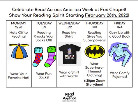 Reading Week Dress Up Days, Reading Spirit Week, Read Across America Spirit Week, Read Across America Ideas For Preschool, Read Across America Ideas For School Dress Up, Right To Read Week Ideas, Read Across America Ideas For School Activities, March Is Reading Month Ideas, Read Across America Theme Days