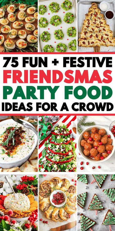 Easy friendsmas party food ideas! These fun friendsmas potluck dishes include easy appetizers and finger foods, holiday snacks, dinners and dessert ideas for a crowd. Easy christmas potluck ideas, friendsgiving food, christmas finger food ideas for parties, friendmas party ideas food appetizers, christmas friendsmas party menu ideas, friendsmas brunch ideas, friendsmas christmas party ideas, friendsmas aesthetic, friendsmas party ideas food table, food ideas for friendsmas, friendsmas recipes. Friendsmas Recipes, Easy Christmas Dinners For A Crowd, Christmas Theme Party Food, Easy Fingerfood Party, Christmas Party Food Table Display, Friendmas Party Ideas Food, Group Meals Feeding A Crowd, Party Ideas Food Appetizers, Friendsmas Aesthetic