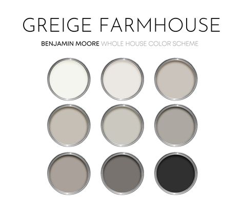 This listing is for a Greige Farmhouse paint palette, created with Benjamin Moore paint colors. I have carefully selected a range of 9 colors for this palette, and included options for walls, trim, furniture, cabinets and doors.  Benjamin Moore has thousands of paint colors, each with their own unique undertones. This can make choosing the right paint colors hard. The colors in this collection were carefully selected to coordinate with each other - this makes choosing the right paint colors a lo Greige Doors Interior, Creamy Gray Paint Color, Brown Gray Paint Colors, Gray Beige Paint Colors, Behr Greige Paint Colors, London Fog Benjamin Moore, Benjamin Moore Paint Colors 2024, Dark Greige Paint Colors, Warm Greige Paint Colors