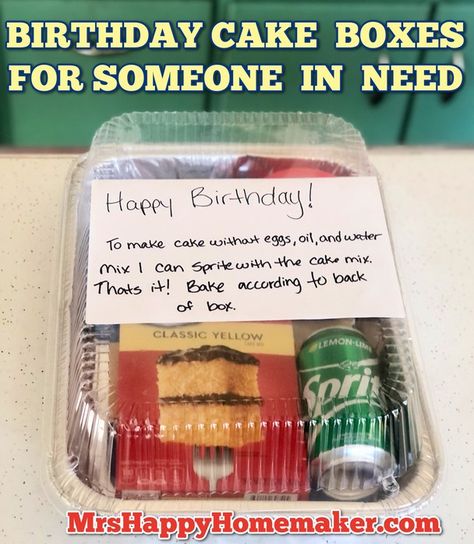 Mrs Happy Homemaker - Birthday Cake Boxes to take to the food pantry Birthday Cake Boxes For People In Need, Birthday Cake Gift Box Ideas, Blessing Boxes, Beta Club, Donation Ideas, Outreach Ideas, Blessing Bags, Service Ideas, Meal Train Recipes