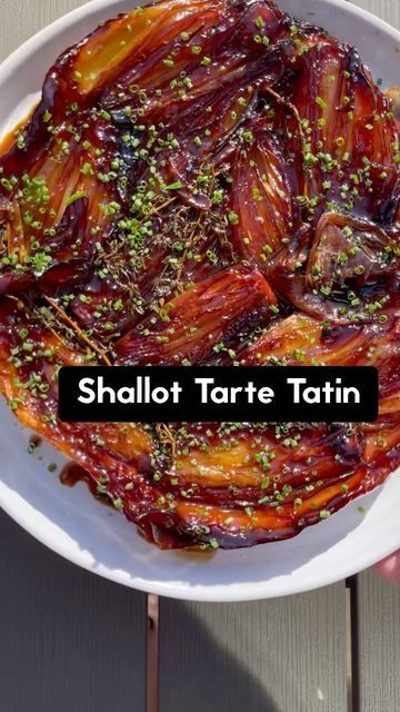 BEN LIPPETT on Instagram: "Shallot Tarte Tatin 🧅 . Recipe - Serves 2 350g Shallots, peeled and halved Olive oil 6 Tbsp Sugar 6 Tbsp Sherry vinegar 4 Tbsp Butter 2 Sprigs of thyme Salt Black pepper 1 Disc of rolled puff pastry . To serve - Chopped chives Parmesan, shaved/grated . Preheat your oven to 200c. In an oven proof pan, caramelise the shallots in the olive oil over a medium-high heat. Once coloured, remove from the pan. Add the sugar and cook over a medium heat to a deep, amber caramel. Deglaze with the Sherry vinegar and stir in the butter. Add the shallots back to the pan, cut side down. Add the thyme and season with salt and black pepper. Cook everything together over a medium heat for 5 minutes. Cover the shallots and caramel with the disc of pastry and tuck the side Shallot Tarte Tatin, Tarte Tatin Recipe, Roasted Shallots, Thyme Salt, Amazing Food Videos, Sherry Vinegar, Savory Tart, Food Humor, Foodie Travel