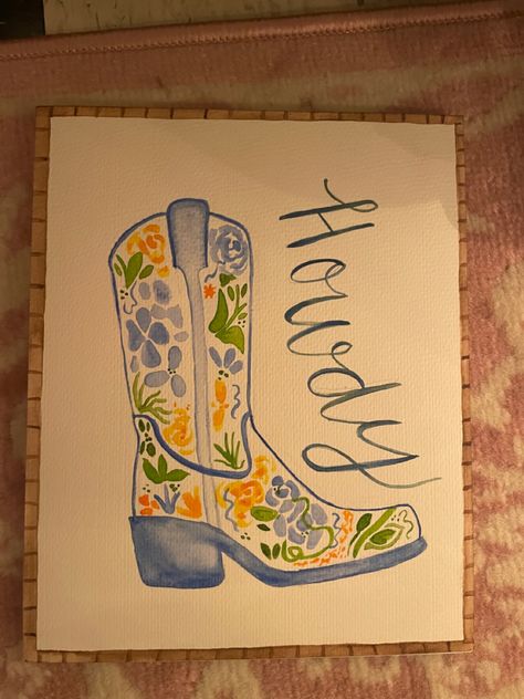 Cowboy Boot Acrylic Painting, Western Boot Painting, Cowgirl Boots Painting Canvas, Painting Ideas For Decor, Costal Cowgirl Paintings, Country Doodles Easy, Boot Painting Ideas, Western Art Paintings Easy, Country Music Painting