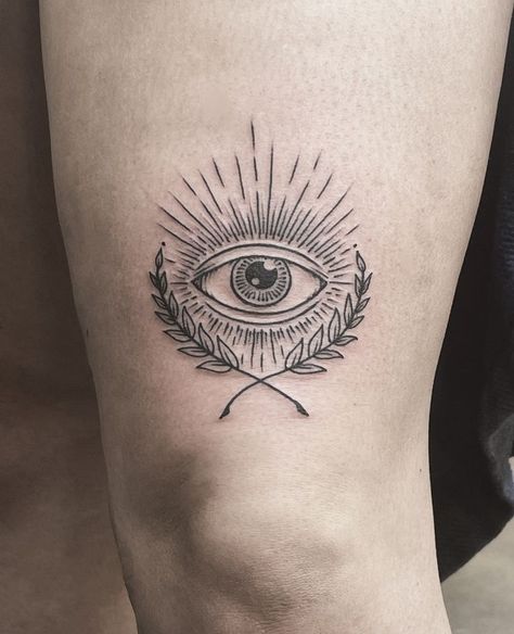 Greek Mythology Eye Tattoo, Evil Eye Knee Tattoo, Fine Line Eye Tattoo, Knee Leaf Tattoo, Evil Eye Tattoo Men, Eye Tattoo Leg, Greek Eye Tattoo, Small Eye Tattoo, Tattoos Above Knee