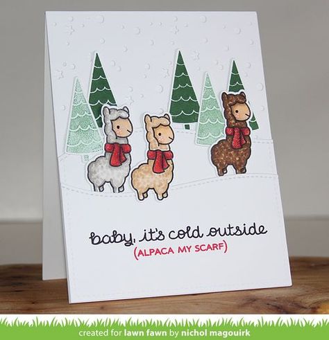 Nichol Spohr Magouirk: Lawn Fawn October Video | Winter Alpacas In The Snow Alpaca Christmas Card, October Video, Holiday Meme, Snowy Backdrop, Christmas Humor Ecards, Nichol Spohr, Christmas Memes Funny, Christmas Card Sayings, Christmas Puns