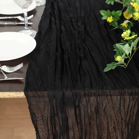 10FT Gauze Table Runner Cheesecloth Fabric For Wedding Arch, Arbor Decor - Black | TableclothsFactory Extra Long Table Runners, Black Table Runner, Arch Arbor, Round Table Sizes, Gauze Table Runner, Valentine's Dinner, Cheesecloth Table Runner, Arbor Decor, Green Table Runner