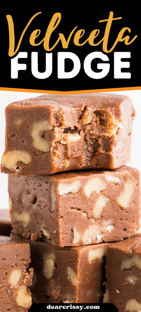 Velveeta Cheese Fudge might sound like a crazy recipe, but this is a creamy and delicious fudge made with Velveeta Cheese. It's a great Christmas fudge recipe and has a velvety texture and loads of chocolate flavor. Make it with or without walnuts for the perfect fudge dessert. Fudge Made With Velveeta Cheese, Velvetta Fudge, Velveeta Cheese Fudge, Velveeta Fudge Recipe, Cocoa Powder Fudge Recipe, Cheese Fudge Recipe, Cream Cheese Fudge Recipe, Creamy Fudge Recipe, Velveeta Fudge