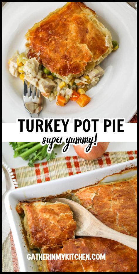 Try the best turkey casserole recipe for a hearty meal. This turkey pot pie uses leftover turkey, vegetables, and a creamy sauce topped with puff pastry. A perfect dish for Thanksgiving leftovers. Turkey Pot Pie With Leftovers, Individual Turkey Pot Pies, Turkey Pie Recipes, Oven Turkey Recipes, Pot Pie With Puff Pastry, Pie With Puff Pastry, Best Turkey Recipe, Turkey Pot Pie Recipe, Turkey Casserole Recipe