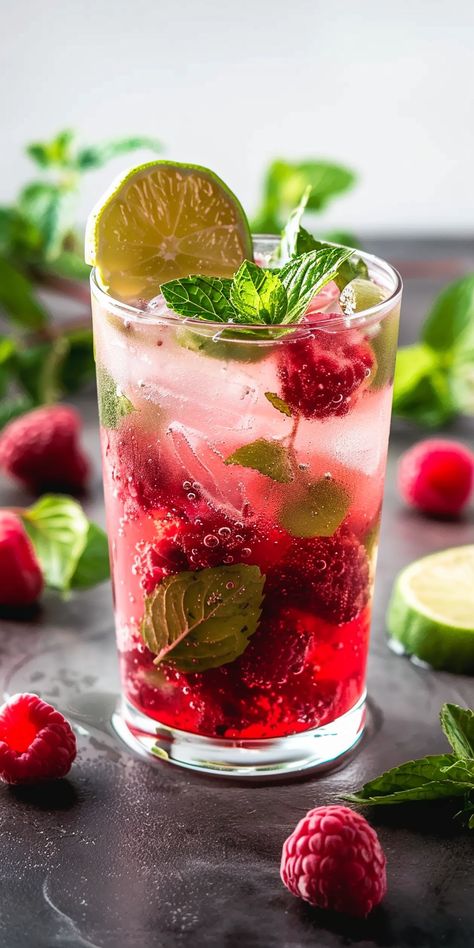 Raspberry Mojito [10 Minutes] – Chasety Cute Drinks Aesthetic, Mojito Aesthetic, Raspberry Mojito Recipe, Simple Syrup Drinks, Girly Cocktails, Lemonade Flavors, Vacation Cocktails, Mojito Recipes, Drink Image