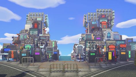 Animal Crossing Sci Fi, Acnh Cyberpunk Design, Animal Crossing Cyberpunk, Acnh Cyberpunk, Horizon City, Vampire Castle, Scifi City, Alien Sightings, Ac Ideas