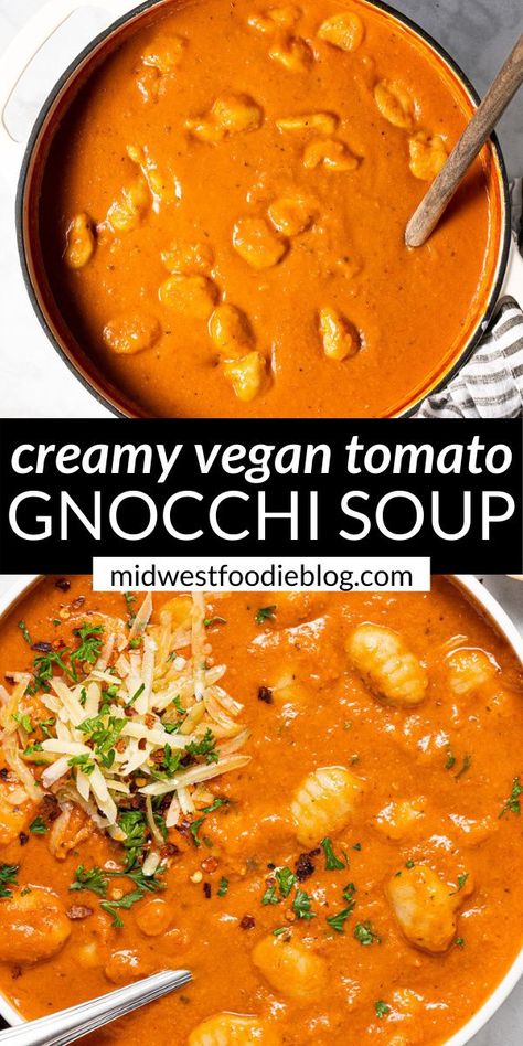 This one pot Vegan Tomato Gnocchi Soup is the ultimate comfort food that takes just 30 minutes to throw together! The best part is the potato gnocchi cooks right in the creamy tomato soup which means you have one less dish to wash and the soup gets an extra boost of creaminess from the starch in the gnocchi! If you’re new to gnocchi, this recipe is a great place to start! Wfpb Gnocchi Recipes, Tomato Gnocchi Soup, Tomato Gnocchi, Potato Gnocchi, Gnocchi Soup, Creamy Tomato Soup, Vegan Soup Recipes, Vegan Soups, Ultimate Comfort Food