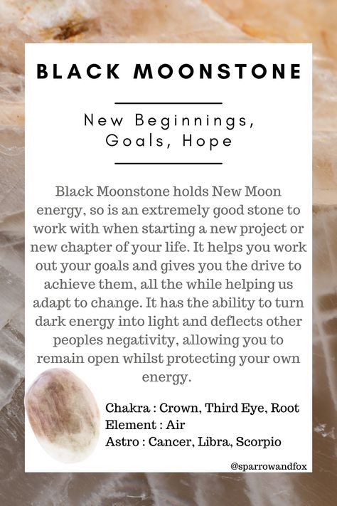 Black Moonstone holds New Moon energy, so is an extremely good stone to work with when starting a new project or new chapter of your life. It helps you work out your goals and gives you the drive to achieve them, all the while helping us adapt to change. It has the ability to turn dark energy into light and deflects other peoples negativity, allowing you to remain open whilst protecting your own energy. Black Moonstone Properties, Black Moonstone Crystal Meaning, Black Moonstone Meaning, Crystal Healing Chart, Moon Energy, The Ancient One, Magic Stones, Crystal Guide, Black Moonstone