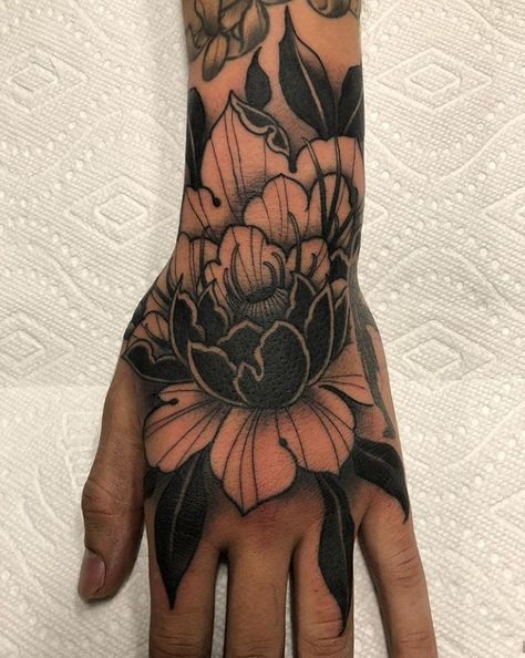 Full Cover Hand Tattoo, Tattoo Hand Cover Up, Black Flower Hand Tattoo, Black And Gray Hand Tattoos, Hand Peony Tattoo, Black Hand Tattoos For Women, Hand Tattoos For Women Cover Up, Chrysanthemum Hand Tattoo, Black And Grey Hand Tattoos