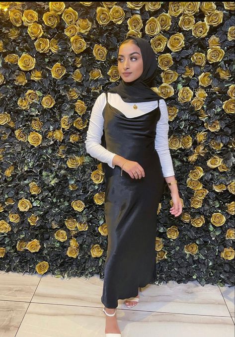 Hijabi Hoco Dress, Hijabi Outfits Birthday, Hijabi Slip Dress Outfit, Hijabi Silk Dress Outfit, Modest Satin Dress Hijab, Hijabi Satin Skirt, Strap Dress With Shirt Under, Muslin Outfit, Hijabi Streetwear