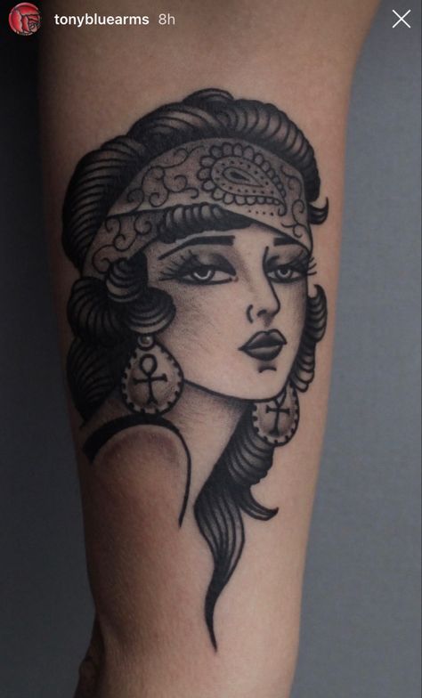 Traditional Woman’s Face Tattoo, Trad Portrait Tattoo, Goddess Tattoo Traditional, American Trad Woman, Old School Lady Tattoo, Pin Up Tattoo For Men, Old School Woman Tattoo, Girlhead Tattoo, Traditional Lady Face Tattoo