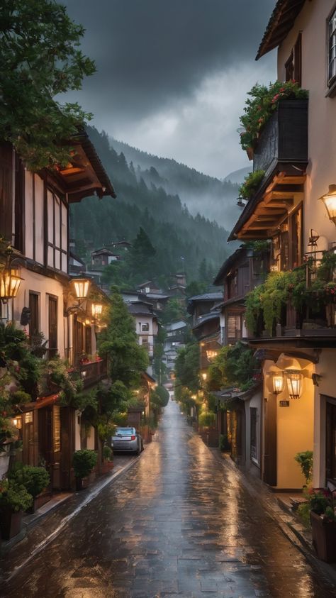 Cozy Rainy Day Wallpaper, Rainy Landscape, Wet Street, Rainy Day Wallpaper, Cottage Mansion, Rainy Day Aesthetic, Day Wallpaper, Autumn Scenes, Beautiful Streets