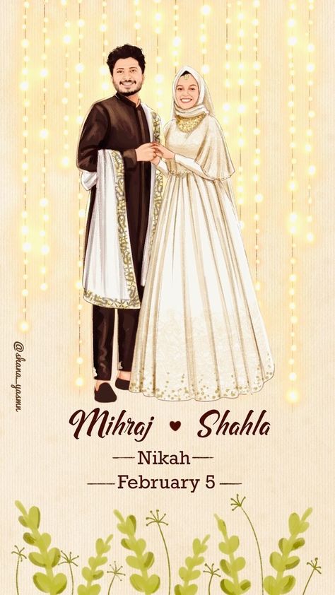 Shana Yasmin | Illustrator on Instagram: "Wedding video done for @mihraj_yousuf @shahala_ap 😍 Happy Married life to you both😘. Can’t wait to have your wedding…" Nikah Illustration, Muslim Wedding Caricature, Muslim Couple Illustration Wedding, Nikah Ideas, Couple Wedding Invitation, Cartoon Wedding Invitations, Wedding Illustration Card, Bride And Groom Cartoon, Couple Illustration Wedding