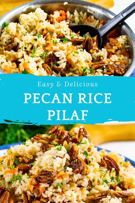 Pecan Rice Pilaf is a wonderfully buttery side with lots of crunchy pecans. Makes a great side for chicken, pork, beef or seafood. Pecan Rice Pilaf, Gluten Free Rice Dishes, Side For Chicken, Pecan Rice, Southern Coleslaw, Cilantro Lime Rice Recipe, Rice Pilaf Recipe, Risotto Dishes, Mini Dishes