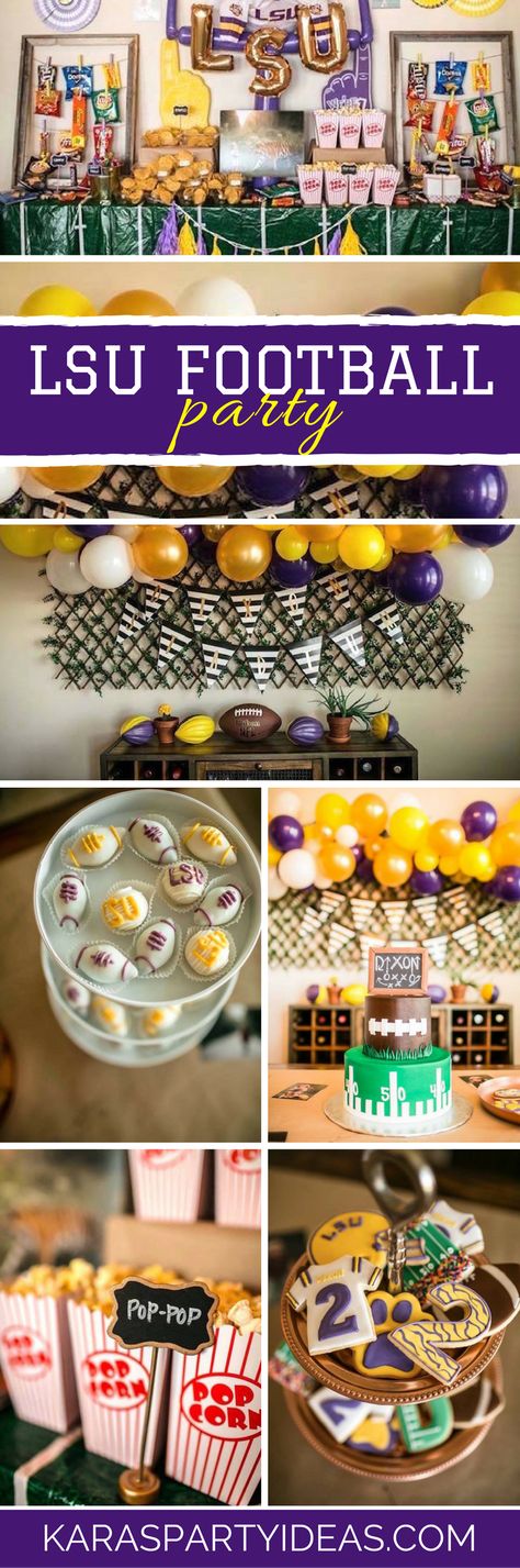 Lsu Tailgate Party, Lsu Party Food, Lsu Party Ideas, Lsu First Birthday Party, College Football Party Ideas, Lsu Tailgate Food, Lsu Themed Graduation Party, Lsu Tailgate, Lsu Themed Birthday Party