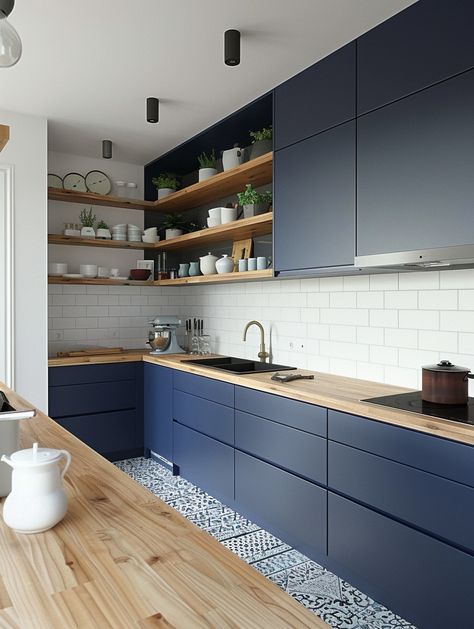 35 Blue Kitchens Inspirations - TastyInteriors Blue And Beige Room, Kichen Cabinate Design New, Small Blue Kitchen, Kitchen With Blue Accents, Navy Blue Kitchen Island, Blue Kitchen Modern, Modern Blue Kitchen, Blue Kitchen Inspiration, Kitchen Design Blue