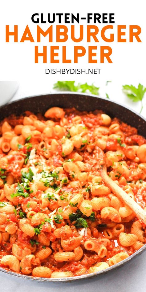 This easy gluten-free hamburger helper is a hearty, one-pan meal that's bursting with flavor. Packed with ground beef for protein to keep you full for longer, this homemade beef macaroni feeds a crowd. Ready in 40 minutes, it's a great meal for busy weeknights, and is bound to be a family favorite! Dairy-free too. Gluten Free Hamburger Helper, Gluten Free Hamburger, Beef Macaroni, Gf Meals, Hamburger Helper Recipes, Beef Pasta, Hamburger Meat Recipes, Egg Free Recipes, Hamburger Helper