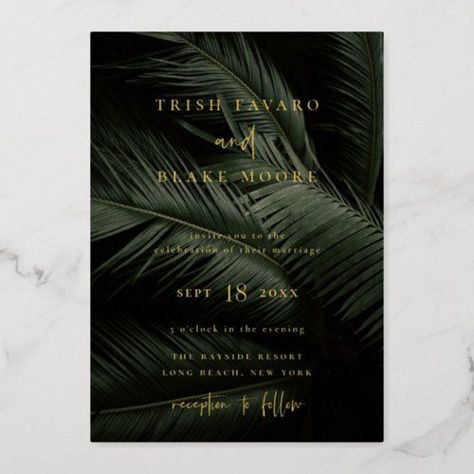 Dark Moody tropics photography background, gold foil Wedding Invitation. Perfectfor your tropical beach wedding. Modern Art Deco Wedding, Rose Gold Foil Invitations, Leaf Invitations, Gold Foil Invitation, Gold Foil Wedding Invitations, Tropical Wedding Invitations, Gold Foil Wedding, Foil Wedding Invitations, Foil Invitations