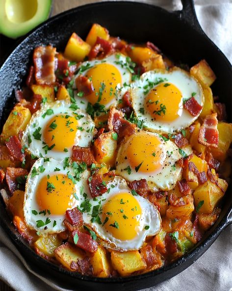 Breakfast Skillet with Roasted Potatoes and Eggs - Easy Recipe Skillet Potatoes Breakfast, Breakfast Recipes With Potatoes, Breakfast Scramble Skillet, Breakfast Cast Iron Skillet, Chorizo Potatoes And Eggs, Potatoes And Eggs Breakfast, Breakfast Ideas Potatoes, Eggs And Potatoes Breakfast, Breakfast Potato Recipes