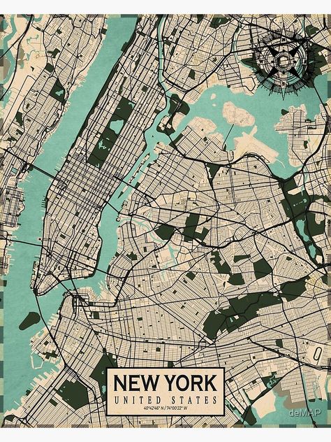 "New York City Map of the United States - Vintage" Poster by deMAP | Redbubble City Map Print, Map Drawing Simple, Žemės Diena, Golden Enclaves, New York Posters, City Map Drawing, Landscape Plane, City Maps Illustration, Map Poster Design