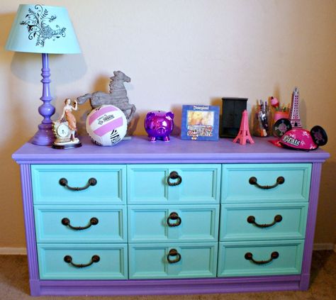 Love the colors on the dresser... would change out the drawer pulls though Nursery Dresser Paint Ideas, Custom Dresser Ideas, Girls Dresser Makeover, Pastel Dresser, Unicorn Dresser Diy, Rainbow Dresser Diy, Kids Dresser, Purple Dresser Makeover, Diy Dresser Makeover Kids