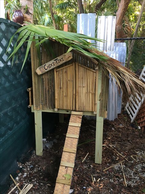 Tiki-style chicken coop Tiki Chicken Coop, Tropical Chicken Coop, Florida Chicken Coop, Bamboo Chicken Coop, A Frame Chicken Coop, Caribbean Chicken, Hawaiian Chicken, Chicken Coup, Tiki Hut