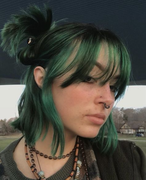 Bluish Green Hair Color, Women’s Hair Dye Ideas, Colored Shoulder Length Hair, Dark Green Hairstyles, Dark Green Hair Peekaboo, Short Hair With Green Underneath, Smoky Green Hair, Green Hair Color Ideas For Short Hair, Green Hair Money Piece