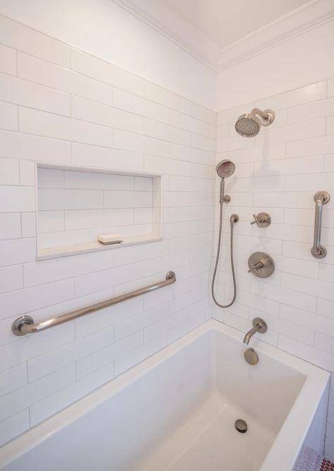 Shower Niche | Cheerful Master Bath Bathtub Shower Combo Niche Ideas, Tub Shower Niche Placement, Eclectic Master Bath, Bathtub Niche, Shower Niche Placement, Tub Niche, Tiled Niche, Farmhouse 2023, Bathtub Shower Combo