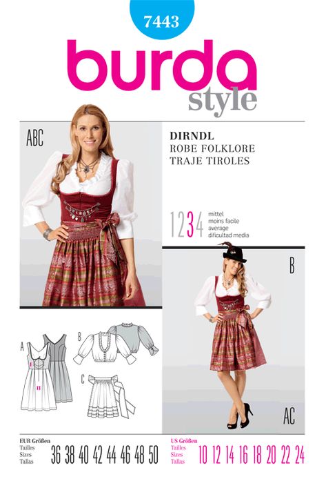 DIRNDL! Pattern to make your own or have someone make it. I can make mine since I've made everything from Pageant gowns to complex window treatments. Dirndl Dress Pattern, Dirndl Pattern, German Costume, Burda Sewing Patterns, Burda Patterns, Simplicity Dress, Dirndl Dress, Aprons Patterns, Womens Sewing Patterns