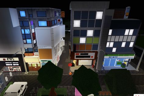 Cyberpunk City Layout, Bloxburg Retro House, Tokyo Bloxburg, Japan Bloxburg, City Bloxburg, Blocksburg Ideas, Bloxburg Inspiration, Japan Town, Home Building Kits