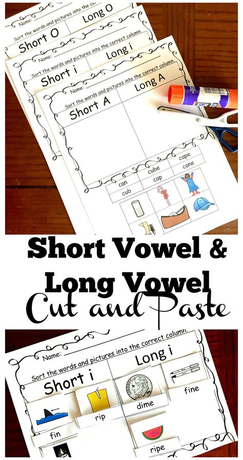 FREE Long Vowel and Short Vowel Cut and Paste Worksheets - these free printable first grade, 2nd grade, and 3rd grade worksheets are NO PREP and a fun way to practice reading for spelling and practice fine motor skills Short A Vowel Activities, Long And Short Vowels Worksheets Grade 1, Long Vowels Activities, Long Vowel Worksheets, Short Vowel Activities, Vowel Practice, Short Vowel Worksheets, Vowel Activities, Vowel Worksheets