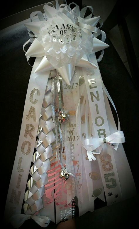 Homecoming Half-Midsize Mum - Senior White & Silver Lehman Lobos Homecoming Ribbon Ideas, Graduation Leis Diy Ribbons, Tall Potted Plants, Graduation Leis Diy, Prom Proposals, Senior Homecoming, Cute Prom Proposals, Mum Ideas, White Mums