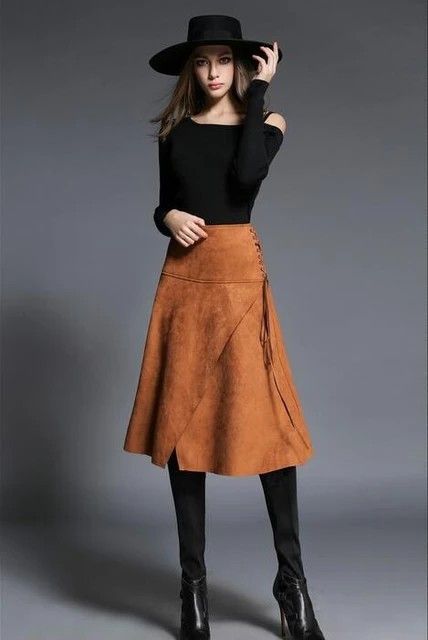 Long Suede Skirt Outfit, Suede Skirt Outfit, Bride Fashion Illustration, Long Leather Skirt, Winter Work Wear, Suede Outfit, Cheap Skirts, Looks Country, Sewing Clothes Women