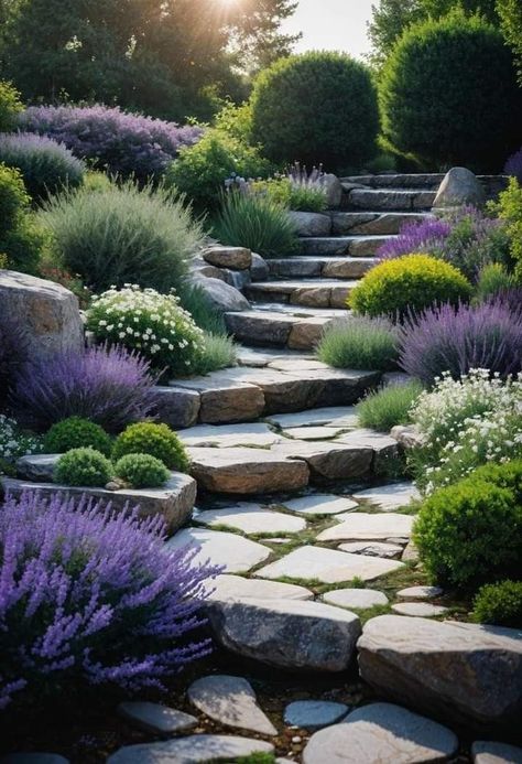 Rocks And Plants Landscaping, Natural Landscape Design Front Yard, Stone Retaining Wall Front Yard, Garden Rock Path, Sloped Garden Landscaping, Rockeries Garden Ideas, Rock Gardens On A Slope, Limestone Landscaping Ideas, Cabin Landscape Ideas