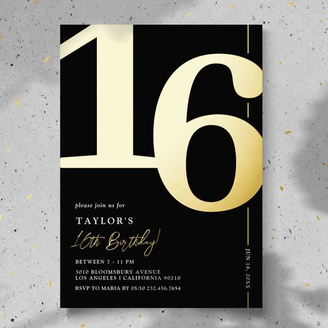 Gold 16th Birthday Party, Boy 16th Birthday, 16th Birthday Decorations, 16th Birthday Invitations, Number 16, Boy Birthday Invitations, Sweet 16 Invitations, Simple Invitation, 16th Birthday Gifts