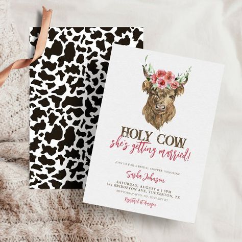 $2.77 | Holy Cow Western Cowgirl Bridal Shower | Bridal Shower Invitations | cowgirl bridal shower, wild west bridal shower invitation, bridal shower invitation, spring summer fall, cow print, cow, highland cow, holy cow, country western bridal shower, pink watercolor flowers Cow Print Bridal Shower Decor, Holy Cow Shes Getting Married, Cowgirl Theme Bridal Shower Party Ideas, Bridal Shower Cow Theme, Cow Bridal Shower Themes, Country Themed Bridal Shower Ideas, Bridal Shower Themes Western, Highland Cow Bridal Shower Ideas, Cow Wedding Theme