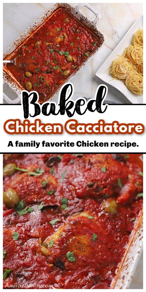 Casserole dish with baked chicken with tomato sauce, seasoning and olives with Pinterest overlay. Chicken Catchatori Recipe Oven, Oven Baked Chicken Cacciatore, Easy Chicken Catchatori Recipe, Baked Chicken Cacciatore Oven, Italian Chicken Thigh Recipes, Chicken Cattitore Recipes, Chicken Catchatori Recipe, Baked Chicken Cacciatore, Chicken With Red Sauce