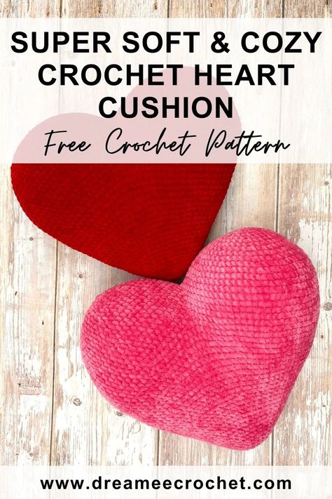 Super soft & cozy crochet heart cushion pattern, free crochet pattern. Free Amigurumi heart pillow pattern. Visit www.dreameecrochet.com for more patterns and video tutorials you'll love! #crochetprojects #crochettechniques #crochetpatterns #crochet #crochetheart Crochet Plushie Pillow Free Pattern, Free Heart Pillow Crochet Pattern, Crochet Heart Cushion Free Pattern, Cute Crochet Pillow Pattern, Crochet Pillow Plushies, Crochet Love Heart Free Pattern, Crocheted Heart Pillow, Heart Pillow Sewing Pattern, Crochet Heart Shaped Pillow Free Pattern