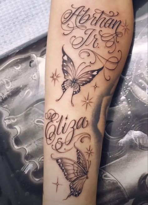 Sibling Name Tattoos Ideas, Siblings Names Tattoo, Multiple Name Tattoos For Women, Tattoos Of Children’s Names, Cool Name Tattoos, Multiple Name Tattoos, Twins Tattoo Ideas For Mom, Sibling Name Tattoos, Apprenticeship Portfolio