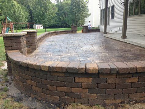 Concrete Patio With Retaining Wall, Wood Paint Colors, Patio With Retaining Wall, Railing Wood, Stamped Concrete Patio Designs, Concrete Patio Ideas, Patio Addition, Concrete Patio Makeover, Floor Wood