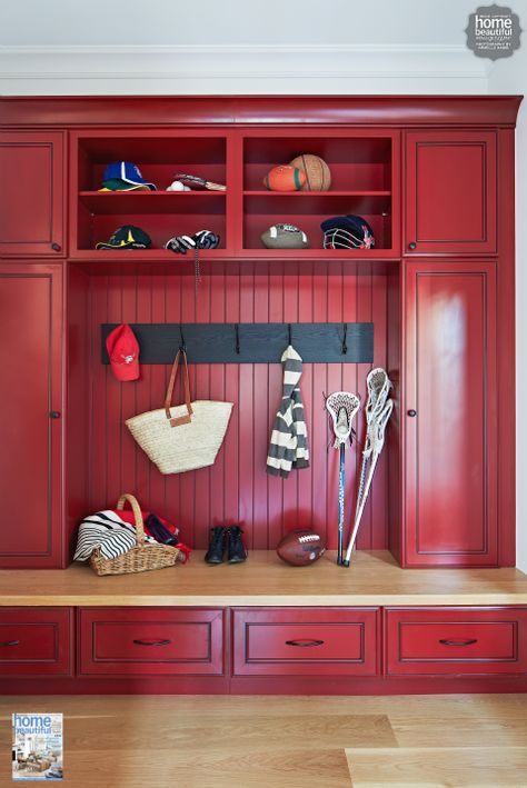 A bold red American-style mud room keeps everything stylishly organised...I wonder what color that is Red Mudroom, Ideas For Kitchen Cabinets, Best Kitchen Cabinet Paint, Kitchen Cabinets Painted, Red Cabinets, Mud Room Entry, Cabinets Painted, Best Kitchen Cabinets, Ideas For Kitchen