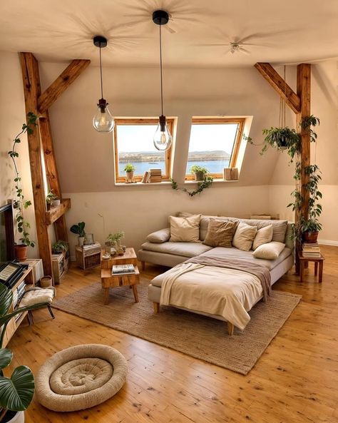 Attic Living Room, Cozy Boho Living Room, First Apartment Decorating, Bedroom Setup, Small Apartment Decorating, Dream House Rooms, Tiny House Interior, Apartment Inspiration, House Architecture Design