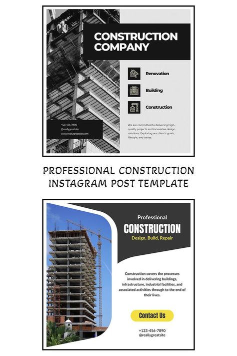 Construction instagram post template. Canva template. Editable with canva. Construction Instagram Post, Modern Construction, Construction Design, Construction Company, Building Construction, Instagram Post Template, Post Templates, Design Solutions, Canva Template