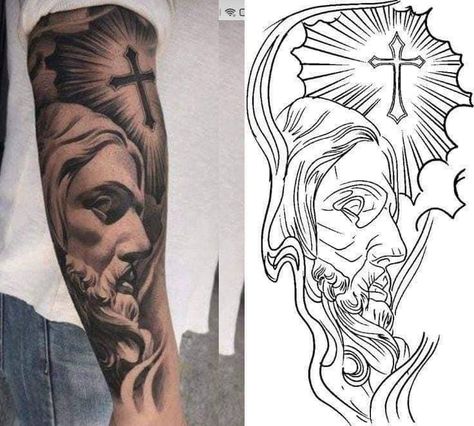 Tattoo Stencils Forearm, Sleeve Stencils Tattoo Designs, Chicano Tattoo Design Ideas, Jesus Tattoo Stencil, Tato Realis, Christus Tattoo, Jesus Tattoo Design, Half Sleeve Tattoo Stencils, Realistic Tattoo Sleeve