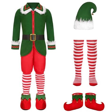 Gortykor Kids Christmas Elf Costume for Boys Holiday Elf Costume Outfit Kids Elf Costume, Elf Boots, Christmas Elf Costume, Elf Dress, Elf Cosplay, Striped Stockings, Kids Costumes Boys, Elf Costume, Elf Hat